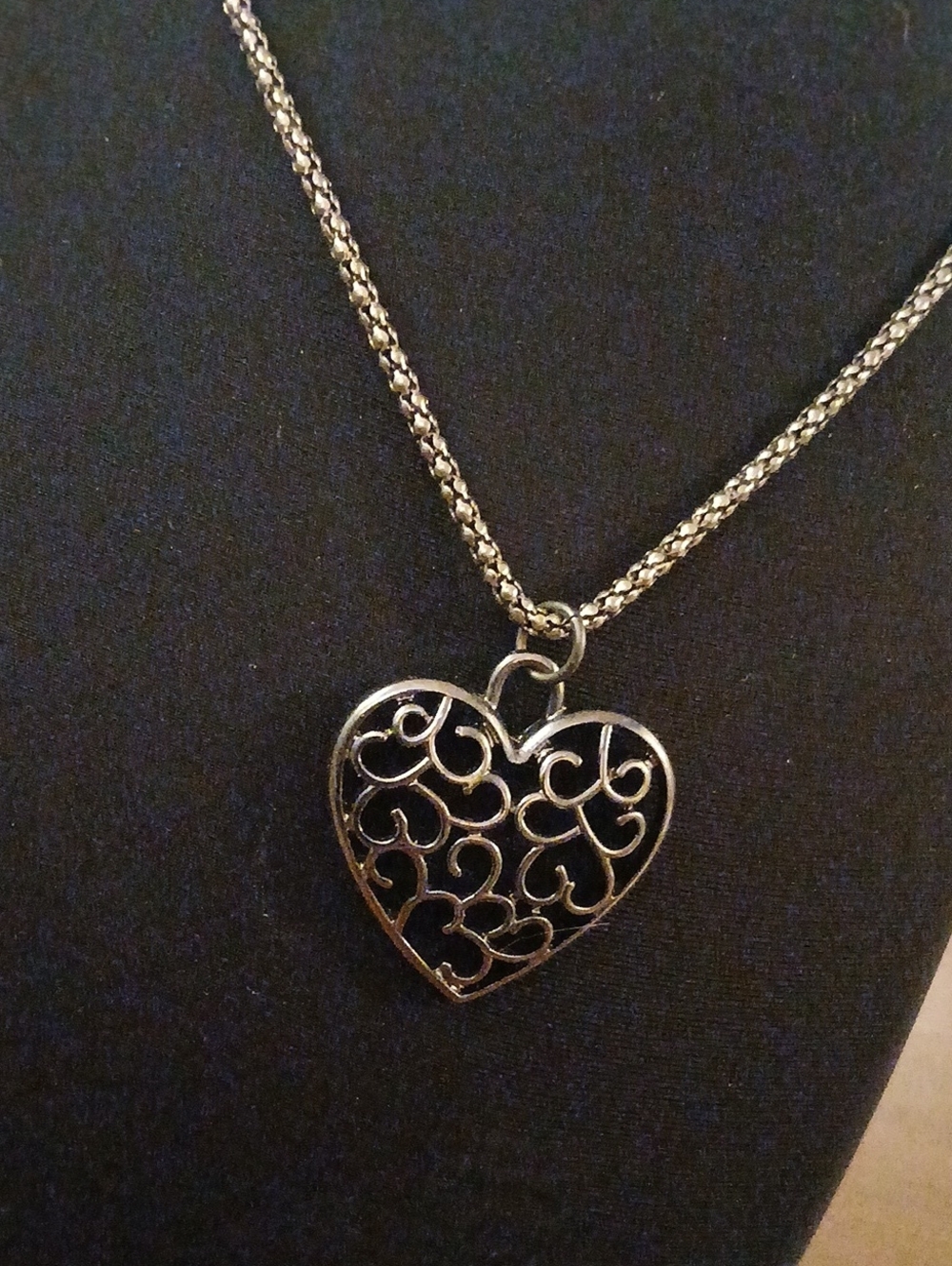 Silver Tone Heart Filigree Pendant Cord Style Necklace - 18" Necklace